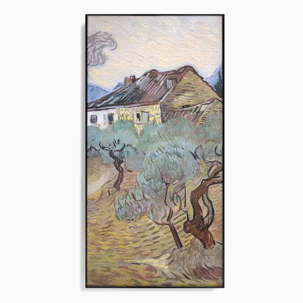 Tablou canvas cu pictura cu maslini si casa rurala, in rama de aluminiu negru